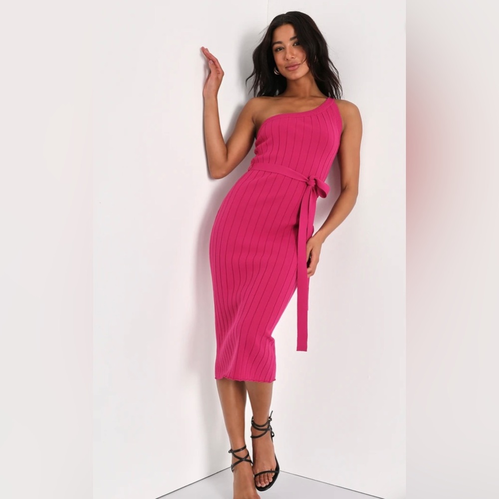 Lulus Ribbed Knit One-Shoulder Midi Dress